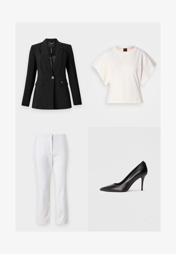 Crni sako od teksturiranog materijala, sa zatvaranjem na jedan dugme, dva prednja džepa i satenom podstavom. Istaknuta oznaka loga na džepu.; Bijeli skraćeni T-shirt, široke kratke rukave, mekani pamučni materijal, okrugli izrez s suptilnim narančastim detaljem, minimalistički dizajn, bez uzoraka ili grafika.; Bijele pamučne hlače ravnog kroja, sa strukom srednje visine i bez vidljivih metalnih dijelova ili uzoraka. Glatka tekstura kroz cijelu dužinu.; Crna kožna salonka s visokom potpeticom i špicastim vrhom, glatke teksture i elegantnog dizajna. Ima tanku, povišenu potpeticu i nisko izrezani prednji dio.