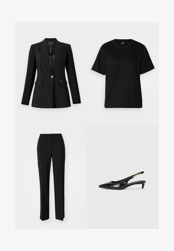 Black blazer made from textured fabric, featuring a single button closure, two front pockets, and a satin lining. Notable logo accent on pocket.; Black cotton t-shirt with a crew neckline, short sleeves, and an embroidered logo on the chest. Simple, relaxed fit with no patterns.; Black tailored trousers with a straight-leg design, featuring a smooth texture and crisp creases along the front. No visible hardware.; Black leather slingback heels with a pointed toe, featuring a slim heel and a gold-tone accent on the adjustable strap. Smooth texture.