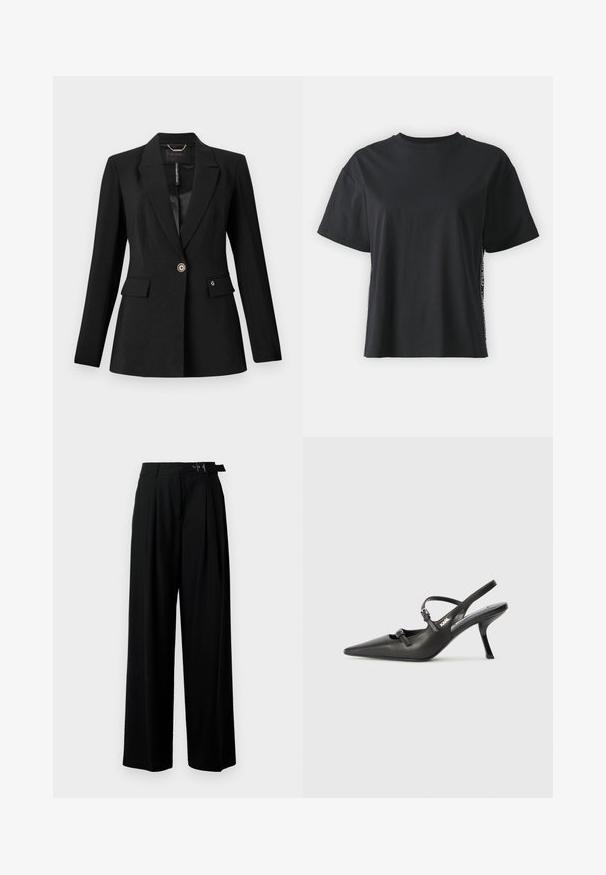 Sacou negru din țesătură texturată, cu închidere printr-un singur nasture, două buzunare frontale și căptușeală din satin. Accents notabile cu logo pe buzunar.; Tricou din bumbac negru cu mânecă scurtă, cu o croială lejeră și un panou lateral contrastant, având text mic și detalii de design.; Pantaloni negri cu croi larg, talie înaltă, pliuri în față și un b μέρος cu cataramă. Confecționați dintr-un material neted și ușor.; Pantofi cu toc slingback din piele neagră, cu vârful ascuțit, toc subțire și detaliu decorativ cu cataramă pe partea din față. Textură netedă și design elegant.