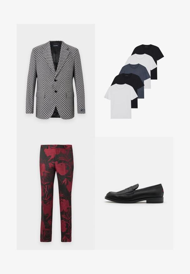 Hall houndstooth rõivastekk, kahe nööbiga sulgemisega, lõiketeedega krae ja kaks esikotti. Sisemine must vooder, mis on valmistatud tekstuuriga kangast.; Viie t-särgi komplekt mustas, valges ja tumesinisest. Puuvillane kangas, lühikesed varrukad, ümar kaelaauk ja ühtlane tekstuur ilma mustriteta.; Mustad mustrid mustad, sügava punase lillemustriga, sujuva tekstuuri ja sportliku lõikega. Tüüpiline vöökoht ja sirge säär.; Mustad mustad nahast loaferid siledast viimistlusest, ümmargune nina ja väike dekoratiivne klapp. Omab madalat kokkupandud kontsa ja diskreetset brändingut.