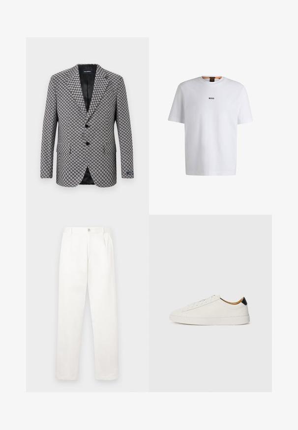Blazer cinzento com padrão houndstooth, fechamento de dois botões, lapelas recortadas e dois bolsos frontais. Forro interno preto, composto por tecido texturizado.; T-shirt de algodão branca com mangas curtas, apresentando um logo preto "BOSS" centrado no peito e um design de gola redonda.; Calças brancas feitas de um tecido suave, com um design de perna reta, pregas frontais e um fecho de botão único na cintura.; Sapatilhas brancas com um cabedal em couro liso, bico redondo e sola plana. Detalhe preto no calcanhar, com atacadores tonais e uma marcação minimalista.