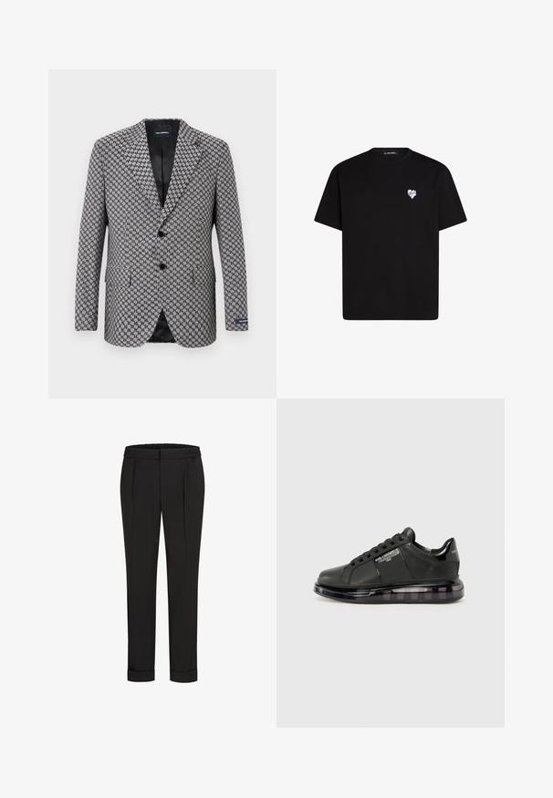 Sivý vzor houndstooth blejzer s dvojitým gombíkom, s klopovými reverzami a dvoma prednými vreckami. Vo vnútri čierna podšívka, vyrobená z textúrovanej látky.; Čierne bavlnené tričko s krátkymi rukávmi, okrúhlym výstrihom a malou bielou srdiečkovou grafikou na ľavej hrudi.; Čierne nohavice s elastickým pásom, s rovnými nohavicami a prehnutými manžetami. Vyrobené z hladkej tkaniny bez vzorov.; Čierne tenisky s hladkým koženým vrchom, zaoblenou špičkou a dizajnom na šnurovanie. Sú vybavené priehľadnou, polstrovanou podrážkou s tmavým gradientom.