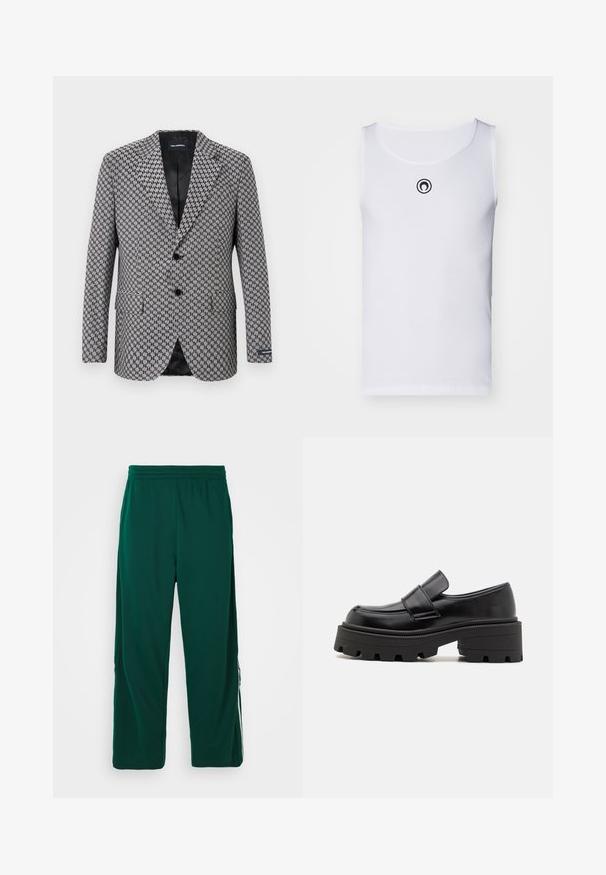 Gray houndstooth blazer with a two-button closure, notched lapels, and two front pockets. Internal black lining, composed of textured fabric.; White sleeveless tank top made of ribbed fabric, featuring a round neckline and a small black logo on the chest.; Green, lightweight, elastic waist pants with a relaxed fit. Features side pockets and white stripe detailing along the sides.; Black leather loafers with a chunky rubber sole, featuring a raised platform and a strap across the instep. Smooth texture and rounded shape.