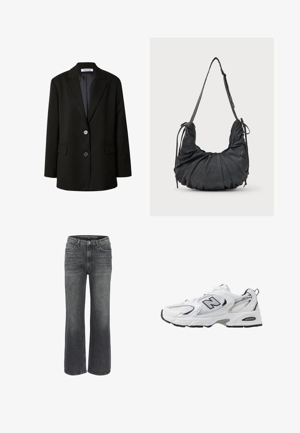 Schwarzer Blazer aus glattem Stoff mit einem Reverskragen, zwei Knöpfen und zwei vorderen Taschen für einen strukturierten Look.; Schwarzes asymmetrisches Trägeroberteil mit dünnen Trägern, das eine zarte Spitzenverzierung entlang des Ausschnitts, einer diagonalen Naht und dem Saum aufweist.; Weite Jeans aus dunkelgrauem Denim mit klassischem Fünf-Taschen-Design, genähten Details und einem Knopfverschluss an der Taille.; Weißer Sportschuh mit Mesh-Obermaterial, navyblauen Akzenten und gepolsterter Sohle. Verfügt über das "N"-Logo, Schnürsenkel und eine strukturierte Detailverarbeitung an der Seite.; Schwarze, weiche Stoff-Schultertasche mit gerafften Details, verstellbarem Tragegurt und gebundenen Kordeln auf jeder Seite, auf einem weißen Hintergrund präsentiert.