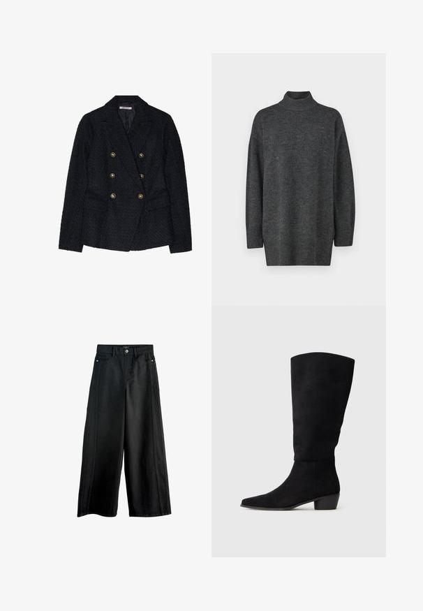 Czarny dwurzędowy żakiet z teksturowanej tkaniny, wyposażony w dwie przednie kieszenie i złote akcenty guzików.; Ciemnoszary, oversize sweter z golfem wykonany z miękkiego, dzianinowego materiału, z długimi rękawami i prążkowanym wykończeniem; gładka faktura, minimalistyczny design.; Czarne spodnie dzwony wykonane z denimu, z wysokim stanem, przednimi kieszeniami i kontrastowym przeszyciem po bokach. Czysty, minimalistyczny design.; Czarne zamszowe muszki do kolan z niskim obcasem blokowym i spiczastym noskiem, zaprezentowane w widoku bocznym na jednolitym jasnoszarym tle.