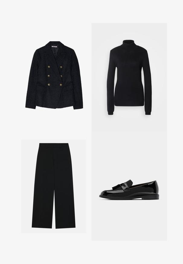 Czarny dwurzędowy żakiet z teksturowanej tkaniny, wyposażony w dwie przednie kieszenie i złote akcenty guzików.; Czarny sweter typu golf wyk wykonany z miękkiego dzianinowego materiału, z długimi rękawami i dopasowanym krojem, z prążkowanym kołnierzem i dołem.; Szerokie czarne spodnie wykonane z gładkiego materiału. Posiadają płaski pas z szlufkami na pasek oraz brak widocznych kieszeni. Prosty design.; Czarne lakierowane mokasyny na płaskim obcasie, z akcentem w postaci frędzelka i gładką powierzchnią, zaprojektowane z okrągłym noskiem i subtelnym przeszyciem.