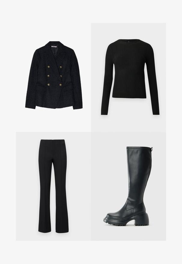 Melnā divrindu žakete ar teksturētu audumu, kurai ir divi priekšējie kabatas un zelta krāsas pogu akcenti.; Melna, ribota, garām piedurknēm pieguļoša džemperis ar apaļu kakla izgriezumu, izlikta pret vienkāršu gaišu fonu.; Melnas flared bikses ar ribotu tekstūru un pieguļošu vidukli. Dizainā ir vertikālas šuves, lai radītu plūdenu izskatu. Nav redzamu aprīkojumu.; Augstas melnas ādas zābakus ar masīvu platformu un bloka papēdi, ar vilkšanas cilpu un strukturētu profilu uz ārējā zoles.