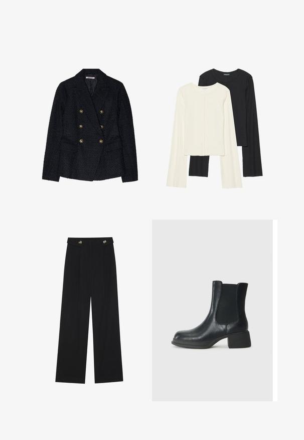 Zwarte dubbelzijdige blazer van een gestructureerde stof, met twee voorkruiken en gouden knoopdetails.; Set van twee longsleeve tops in wit en zwart. Geribbelde textuur, ronde hals, aansluitend ontwerp met licht uitlopende mouwen.; Zwarte wijde broek met hoge taille, knoopdetails op de tailleband en plooien aan de voorkant.; Zwarte leren enkelboot met elastische zijpanelen, ronde neus en een lage blokhak. Het oppervlak heeft een gladde textuur en minimale details.