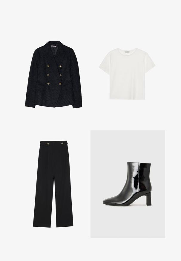 Svart dobbeltspent blazer med teksturert stoff, som har to frontlommer og detaljer med gullfargede knapper.; Hvit T-skjorte med kort erm laget av myk bomull. Har rund hals og avslappet passform. Rent design uten synlige mønstre eller aksenter.; Svart vide bukser med høy midje, knappdetaljer på midjebåndet og frontplisser.; Sorte patentlær ankle boot med spiss tå og en mellomhøy blokkhelt. Glatt tekstur og minimalistisk design.