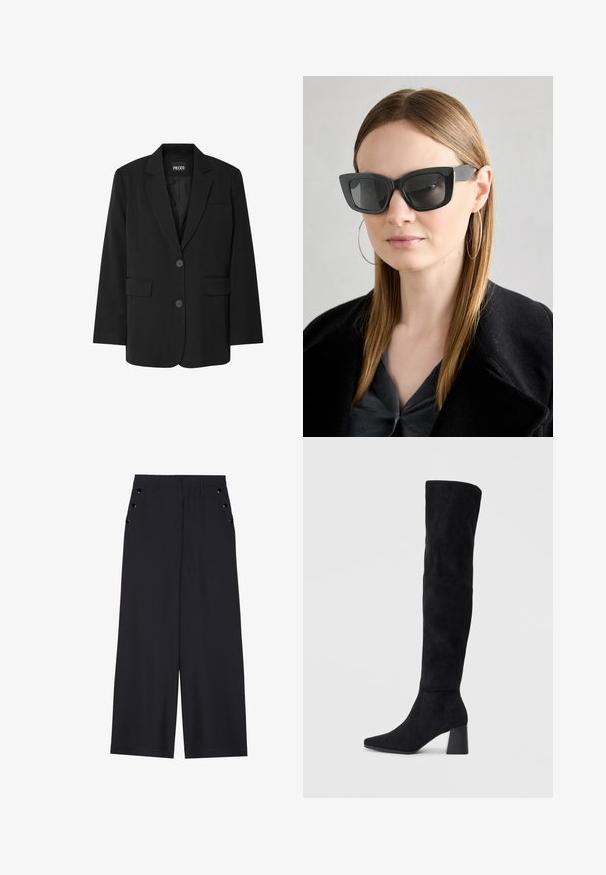 Crni blejzer marke PIECES sa oštrim ovratnikom, dva prednja džepa i zatvaranjem na dva dugmeta, napravljen od glatke tkanine.; Crna bluzica dugih rukava s naboranim detaljima na prednjem dijelu i na zapešćima, izrađena od mekog, rastezljivog materijala s izrezom u obliku čamca.; Hlače širokih nogavica od tamnoplave tkanine, s glatkom teksturom, prednjim ispupčenjima i dekorativnim zlatnim okovama na bočnim džepovima.; Crne antilop čizme do koljena s blok potpeticom, šiljastim prstom i glatkim, bešavnim dizajnom na običnoj svijetloj pozadini.; Crne mačje naočale s tamnim staklima, debelim okvirima i suptilnim detaljima. Nosit će se s crnim kaputom i sivoj majici, s dugom ravnom kosom.