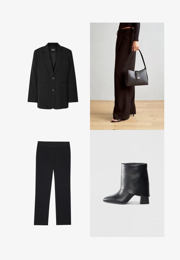 Blazer preto da PIECES, com colarinho de pontas, dois bolsos frontais e fecho de botão duplo, feito de um tecido suave.; Top preto de manga longa com detalhe de tecido franzido na parte da frente e nos pulsos, feito de material suave e elástico com decote à barco.; Calças pretas com um design de perna reta, apresentando bolsos laterais e uma textura de tecido suave. Detalhes mínimos, cós limpo.; Bota de tornozelo em couro preto com bico afilado, textura suave e um salto bloco estruturado. Apresenta um design de cano alto e dobrado.; Bolsa preta com forma estruturada, textura suave e um fecho metálico. Combinada com calças largas pretas e sandálias de salto aberto sobre um chão de madeira.