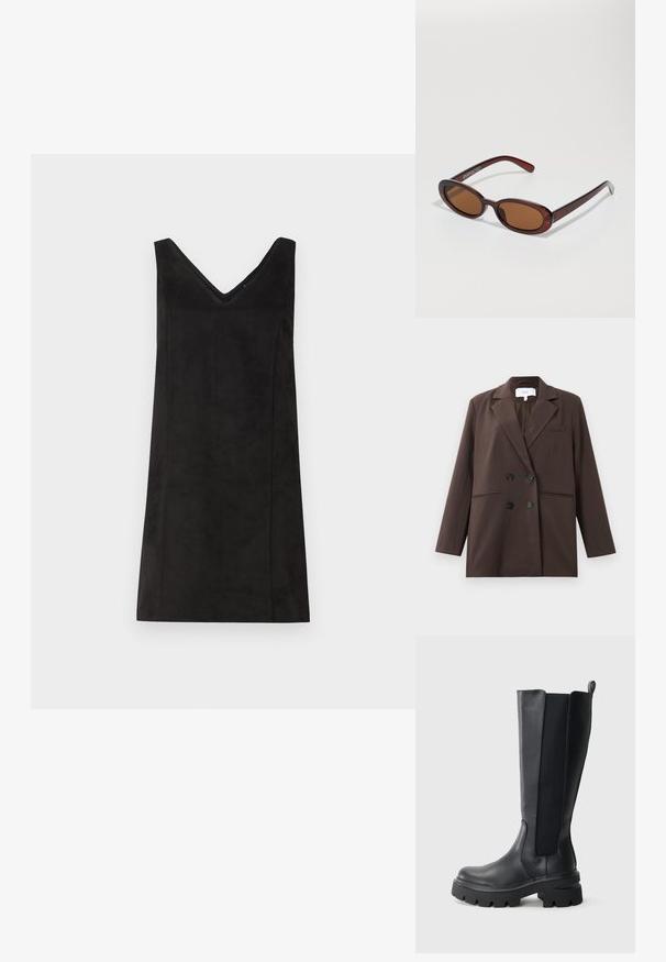 Brun tvei knaps blazer med svarte knapper, spisse revers, lange ermer og tre frontlommer, lagt flatt på en hvit bakgrunn.; Langermet topp i kremfarget stoff, med lett gathering på sidene og klassisk krage. Glatt tekstur, enkelt design.; Svart ermeløs kjole med V-hals, laget av et mykt materiale, med rett snitt og minimal detaljering. Glatt tekstur.; Svarte knelengde støvler med en glatt skinnoverflate og kontrasterende elastiske sidepaneler. Kraftig gummisåle med tydelig mønster.; Runde, brune solbriller med en blank burgunderfarvet ramme. Slanke arme med subtile brandingdetaljer. Flad linse design.