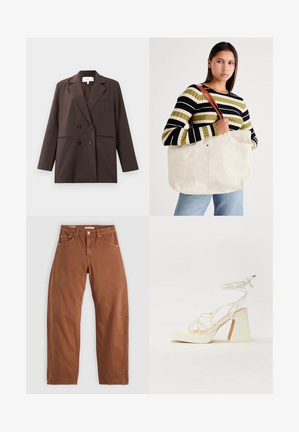 Bruine dubbelgeklede blazer met zwarte knopen, notch-lapels, lange mouwen en drie voorkant zakken, platgelegd op een witte achtergrond.; Set van twee longsleeve tops in wit en zwart. Geribbelde textuur, ronde hals, aansluitend ontwerp met licht uitlopende mouwen.; Roestbruin rechte jeans met voor- en achterzakken, metalen klinknagels, knoopsluiting en riemlussen, plat neergelegd op een witte achtergrond.; Witte hoge hakken sandaal met een chunky hak, met een bandjesontwerp en enkelband. Gladde textuur met een plateau voor extra hoogte.; Grote beige canvas draagtasje met bruine leren hengsels, met een minimalistisch ontwerp en zichtbare stikaccenten.
