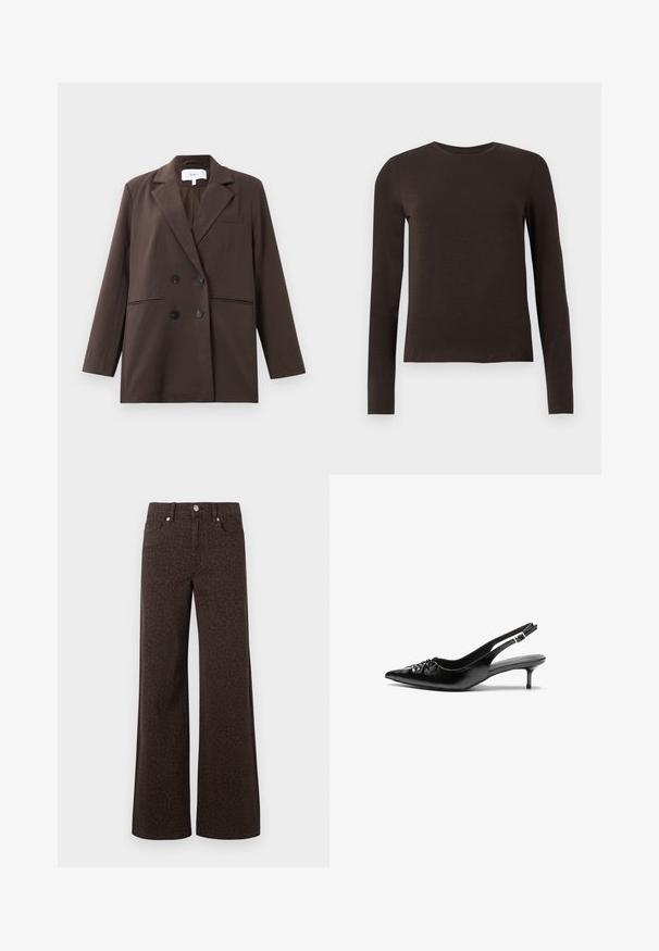 Brown double-breasted blazer with black buttons, notch lapels, long sleeves, and three front pockets, laid flat on a white background.; Dark brown long-sleeve crew neck shirt with a slim fit displayed on a plain white background.; Brown wide-leg jeans featuring a subtle leopard pattern, crafted from denim with a smooth texture and classic five-pocket design.; Black leather slingback heels with a pointed toe, small kitten heel, and a decorative knot detail on the front. Smooth texture throughout.