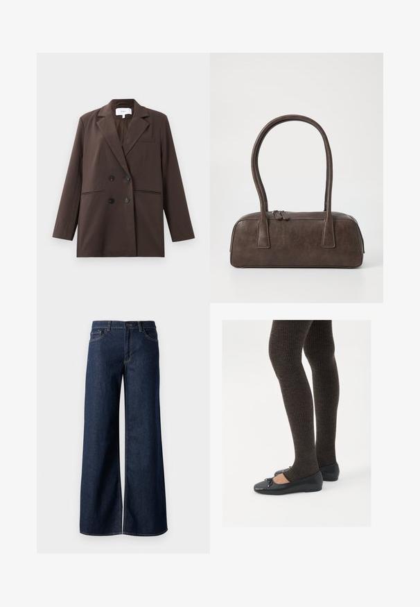 Brązowa marynarka dwurzędowa z czarnymi guzikami, klapami w kształcie notcha, długimi rękawami i trzema przednimi kieszeniami, ułożona na białym tle.; Czarny, długi rękaw, dopasowana bluzka z kwadratowym dekoltem, oznaczona marką GAP, wyeksponowana na białym tle.; Jeansy z szerokimi nogawkami w ciemnoniebieskim denienie. Posiadają kontrastowe przeszycia, pięć kieszeni oraz zapięcie na guzik w talii. Gładka faktura.; Czarne płaskie buty z małym kokardkowym detalem na palcach, zestawione z ciemnobrązowymi rajstopami w prążki. Buty mają gładką teksturę i niski profil.; Brązowa skórzana torebka na ramię z dwoma solidnymi uchwytami, prostokątny kształt, gładka faktura i zamek błyskawiczny. Minimalistyczny design bez widocznych wzorów.