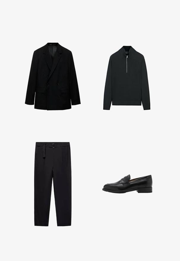 Czarna marynarka dwurzędowa wykonana z gładkiego materiału. Posiada klapy w kształcie notched, dwie przednie kieszenie oraz zapięcie na guziki. Dopasowany krój.; Czarny sweter z wysokim kołnierzem, z półzamkiem z przodu oraz prążkowanymi mankietami i dołem. Wykonany z miękkiego materiału dzianinowego o gładkiej fakturze.; Czarne spodnie o prostym kroju, z szlufkami na pasek i odpinanym paskiem. Gładki materiał z bocznymi kieszeniami i bez widocznych wzorów lub elementów metalowych.; Czarne skórzane mokasyny z przeszywaną przednią częścią i płaskim obcasem. Gładka tekstura z zaokrąglonym noskiem i dekoracyjnym paskiem na wierzchu stopy.