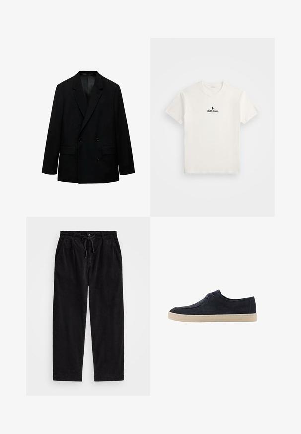 Črn dvoredni blazer, izdelan iz gladkega materiala. Opremljen z obrobnimi reverji, dvema sprednjima žepoma in gumbom za zapiranje. Prilagojen kroj.; Bela bombažna majica s črnimi vezenimi logotipom igralca polo in besedilom "Ralph Lauren" na prsih. Kratke rokave, okrogla ovratnika.; Črne kord pants z udobnim krojem, ki imajo elastičen pas z vrvico in stranske žepke. Tkanina prikazuje rebrasto teksturo.; Mornarske semišne čevlje z okroglim nosom, dvema luknjama za vezalke in smetanasto gumijasto podplatom. Gladka tekstura in minimalističen dizajn.