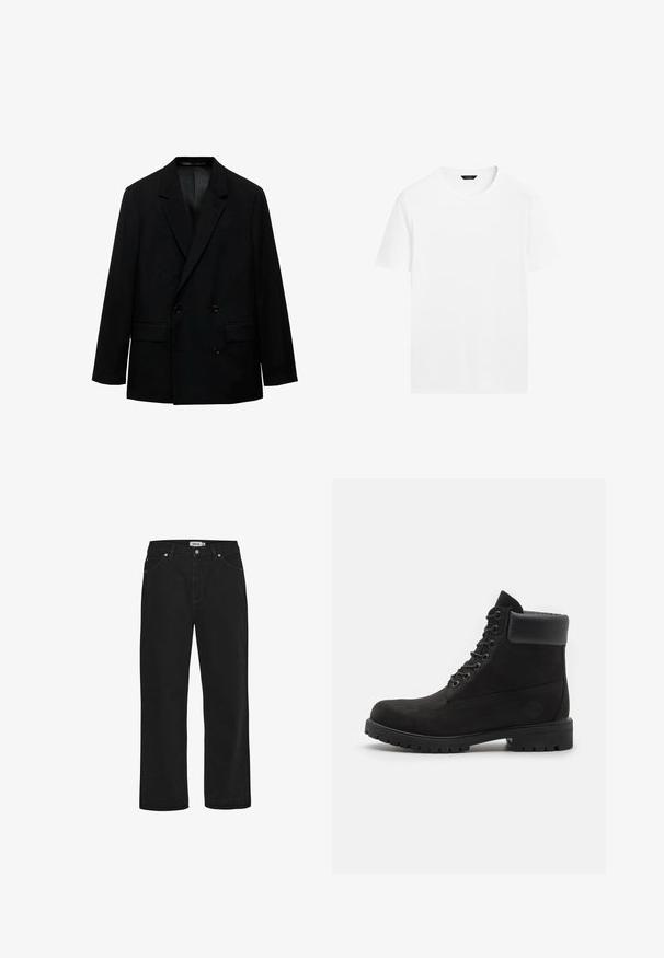 Svart dubbelknäppt kavaj i slätt tyg. Har slagkragar, två framfickor och knappstängning. Skräddarsydd passform.; Vit bomullströja med rund hals, korta ärmar och rak skärning. Har en mjuk, lätt textur och inga synliga mönster.; Svarta jeans i denim med rak passform, femficksdesign, koppardetaljer och en robust midja. Slät textur, odekorerad stil.; Svart snörkänga med vadderad krage och slitstark sula, visad i profil mot en vit bakgrund.