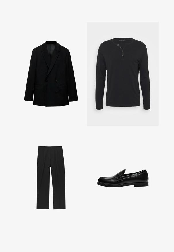 Crni sako dvostrukog kopčanja od glatkog materijala. Ima udubljene reveri, dva prednja džepa i kopčanje na dugme. Prilagođeni kroj.; Crna duža majica s dugim rukavima, izrađena od mekog materijala, s dugmadi na plavoj, okruglim izrezom i prilagođenim rukavima.; Crne hlače ravnog kroja, izrađene od glatkog materijala. Imaju prednje nabore i jedan dugme na struku.; Crna kožna loafer cipela s glatkom površinom, koja ima šavnu obradu na gornjem dijelu i nisku, čvrstu crnu gumenu podlogu.