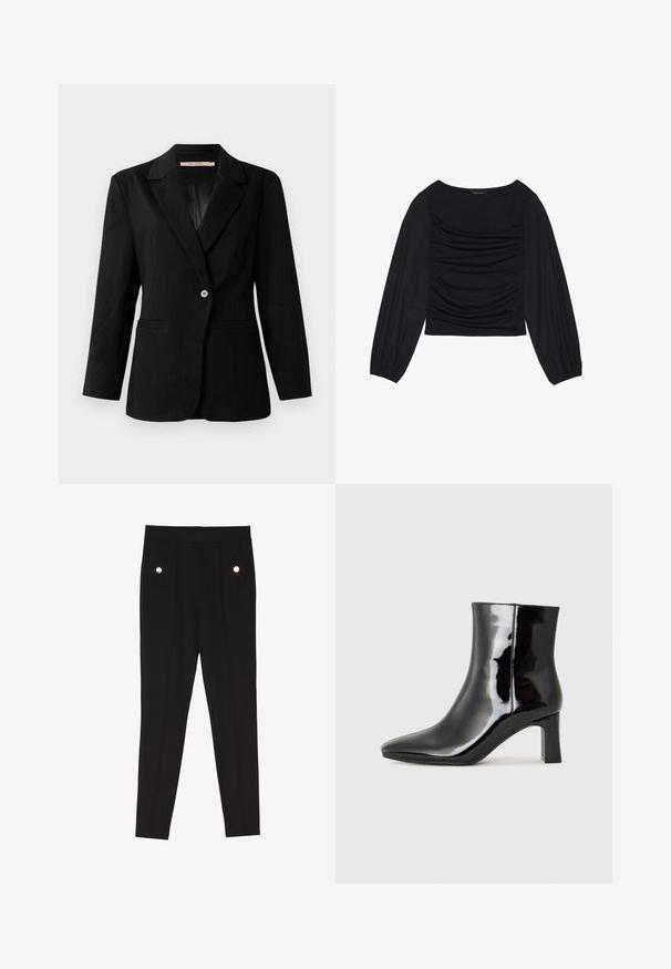 Černý blazer s jemným pruhovaným vzorem, s jedním knoflíkem a klopami, s dvěma předními kapsami, zobrazený na bílém pozadí.; Černý top s dlouhým rukávem, který má na přední straně a zápěstích nařasený materiál. Je vyroben z měkkého, elastického materiálu a má lodní výstřih.; Černé kalhoty na míru s hladkým povrchem, které disponují dvěma předními kapsami se zdobnými kovovými detaily a slim-fit střihem.; Černé lakované kotníkové boty s špičatou špičkou a středně vysokým blokovým podpatkem. Hladká textura a minimalistický design.