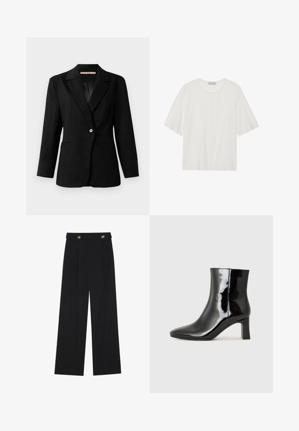 Černý blazer s jemným pruhovaným vzorem, s jedním knoflíkem a klopami, s dvěma předními kapsami, zobrazený na bílém pozadí.; Bílý krátký rukáv tričko vyrobené z měkké tkaniny. Má kulatý výstřih a mírně boxy střih. Hladká textura, minimální detaily.; Černé široké kalhoty s vysokým pasem, detailní knoflíky na pase a přední záhyby.; Černé lakované kotníkové boty s špičatou špičkou a středně vysokým blokovým podpatkem. Hladká textura a minimalistický design.