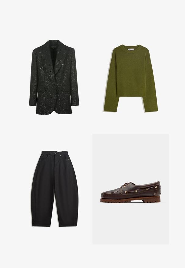 Luisa Spagnoli SOLO - Bleiseri - nero; Oliivihreä neulepaita, jossa on pyöreä kaula-aukko, pitkät hihat ja ribattu helma. Sisältää lyhennetyn muotoilun pehmeällä, teksturoidulla pinnalla.; Mustat leveät housut, valmistettu puuvillasta, joissa on korkea vyötärö, viisi taskua ja metallinen napitus. Tasainen pinta ilman näkyviä kuvioita.; Ruskeaharmaat nahkaiset venesandaalit kultaisilla silmärei'illä, pyöreällä nauhalla ja teksturoidulla ruskealla kumipohjalla. Sisältää kirjontayksityiskohtia ja kohotetun logon.