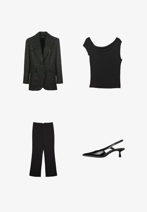 Luisa Spagnoli SOLO - Bleiseri - nero; Musta lyhythihainen paita, joka on valmistettu sileästä kankaasta; siinä on laskeutuva kaula-aukko ja epäsymmetrinen helma, sekä istuva malli.; Mustat housut suoralinjaisella leikkauksella, joissa on etutaskut ja sivurei'ät helman alla. Valmistettu pehmeästä ja sileästä kankaasta. Sopii eri tilaisuuksiin.; Mustat lakatut nahkakengät, joissa on viistopää, leikattu sivusuunnassa ja pieni neliökoroke. Sujuva pinta, jossa on minimaalinen koristelu.