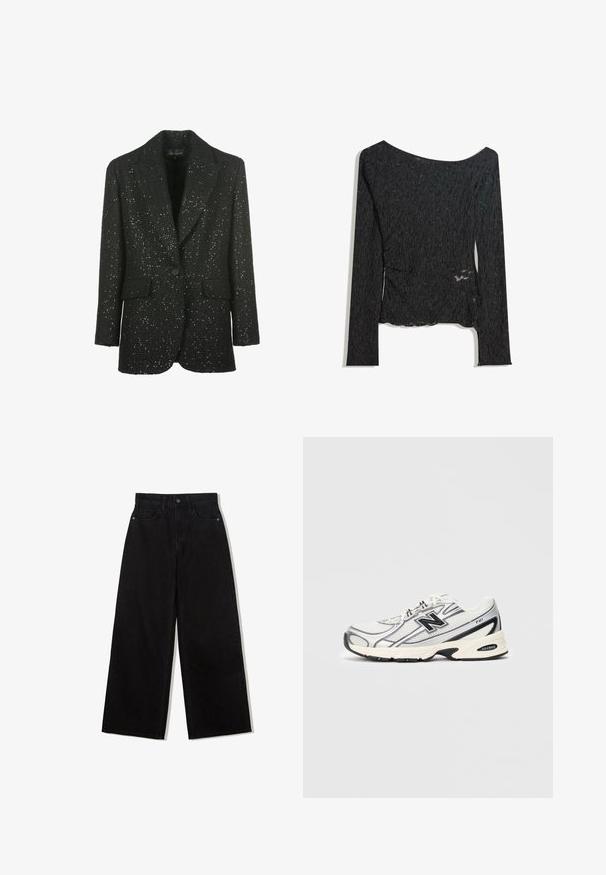 Luisa Spagnoli SOLO czarny; Czarny top z długim rękawem wykonany z teksturowanej tkaniny, z dekoltem w łódkę i szczegółami w postaci rozcięcia po boku, z falistym wzorem na całej powierzchni.; Czarne, szerokie dżinsy z denimu z wysokim stanem, z pięcioma kieszeniami i pojedynczym zapięciem na guzik z przodu.; Białe i szare sportowe sneakersy z czarnym logo "N", siateczkowa cholewka, wyściełana podeszwa oraz sznurowany design, pokazane na jednolitym jasnoszarym tle.