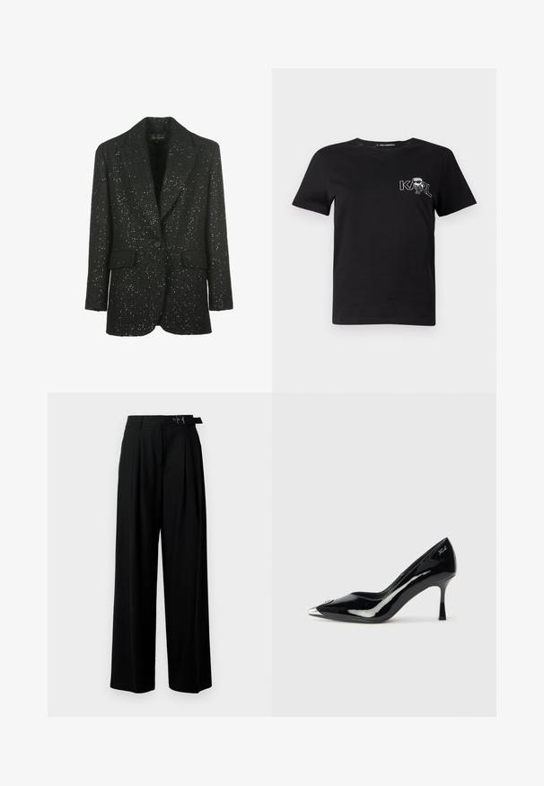 Luisa Spagnoli SOLO - Blézer - nero; Fekete, rövid ujjú póló pamutból. Fehér grafikával rendelkezik, amelyen a "KARL" felirat és egy stilizált figura látható a mellkason. Kerek nyakkivágással.; Fekete, bő szárú nadrág magas derékkal, elöl pliszírozva, és csattal ellátott övvel. Simább, könnyű anyagból készült.; Fekete lakk bőr magassarkú cipő hegyes orral, ezüst fémes orrbetéttel és karcsú sarokkal. Simára polírozott, fényes felülettel és diszkrét logó részlettel rendelkezik.