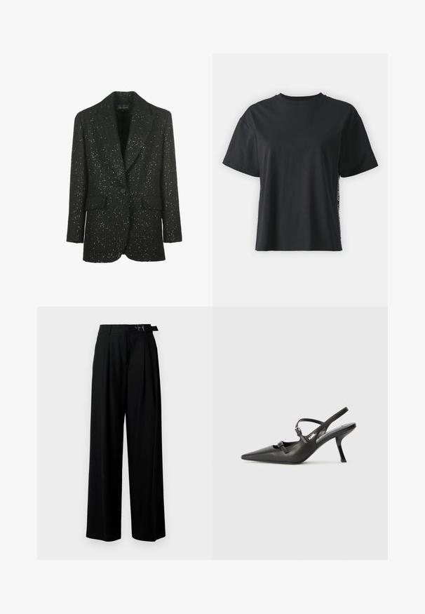 Luisa Spagnoli SOLO - Žakete - nero; Melna īsām piedurknēm kokvilnas t-kreklu ar brīvu piegriezumu un kontrastējošu sānu paneli, kas satur nelielu tekstu un dizaina detaļas.; Melni plaši bikses ar augsto jostasvītru, priekšā ar krokojiem un jostu ar sprādzi. Izgatavotas no gludas, vieglas auduma.; Melnas ādas slingback papēži ar norādītu purngalu, izsmalcinātu papēdi un dekoratīvu sprādzi uz priekšpuses. Gluda tekstūra un elegants dizains.