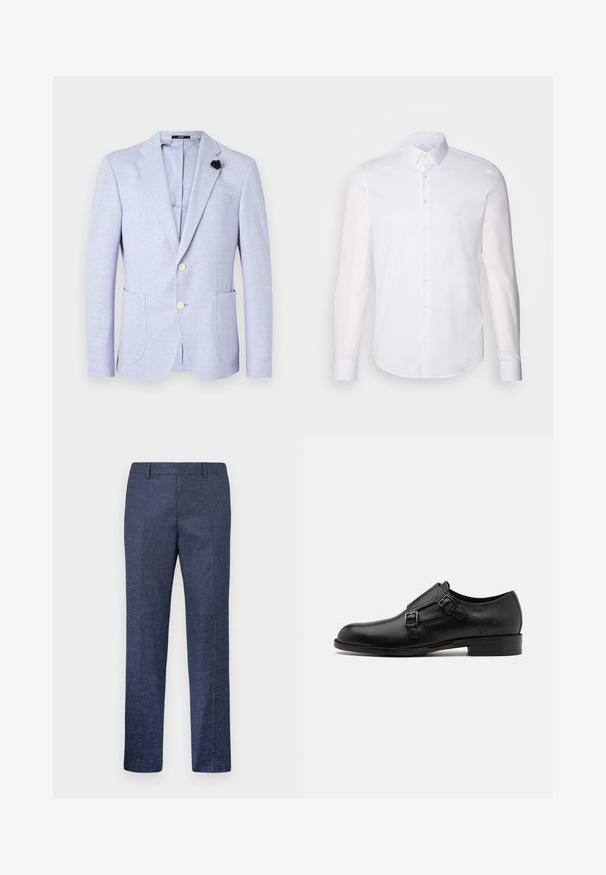 Licht lavendelkleurige blazer gemaakt van een gestructureerde stof. Bevat twee voorzakken, notch revers en twee knopen. Inclusief een zwart bloemenaccent.; Witte lange mouwen overhemd met knopen, gemaakt van katoen, voorzien van een klassieke kraag, voorkant met knopen en minimale stikdetails.; Navyblauwe broek van een gestructureerde stof, met rechte pijpen, een vlakke voorkant en twee zijzakken. Geen zichtbare patronen of accenten.; Zwarte leren dresschoen met dubbele gespen, slank silhouet en ronde neus. Kenmerkt zich door een lage hak en een gladde textuur.