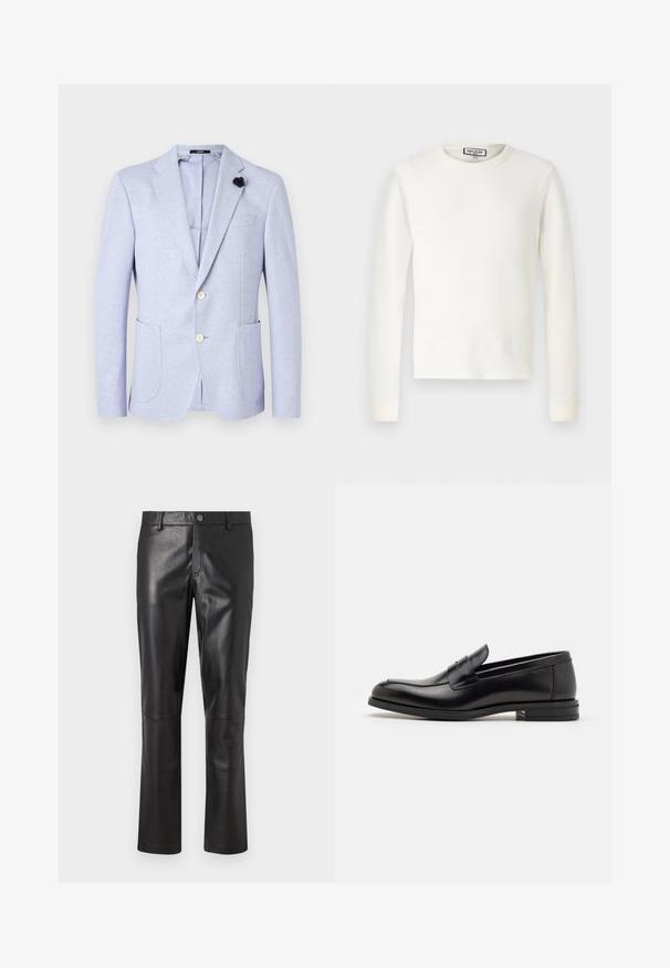 Helles Lavendel-Blazer aus einem strukturierten Stoff. Verfügt über zwei Fronttaschen, Reverskragen und zwei Knöpfe. Enthält eine schwarze Blumenakzent.; Weißes langärmliges Thermoshirt mit gerippter Textur, Rundhalsausschnitt und Bündchen an den Ärmeln. Schlichtes Design ohne Muster oder zusätzliche Akzente.; Schwarze Lederhosen mit glatter Textur, geradem Schnitt und dezenten Nähten an den Säumen. Mit einem Knopfverschluss in der Taille.; Schwarze Lederloafers mit glatter Textur, rundem Zehenbereich und einem dekorativen Riemen über dem Vorderfuß. Niedriger, gestapelter Absatz, minimalistisches Design.