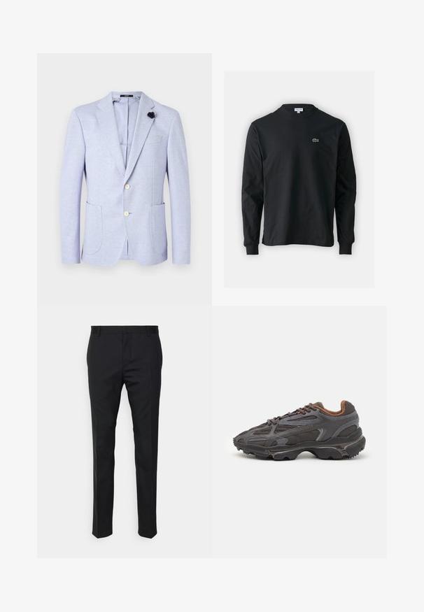 Ανοιχτό μωβ σακάκι φτιαγμένο από υφασμάτινο υλικό με υφή. Διαθέτει δύο μπροστινές τσέπες, πέτσωνα λαπιλά και δύο κουμπιά. Περιλαμβάνει και μια μαύρη ανθισμένη λεπτομέρεια.; Μαύρο μπλουζάκι με μακριά μανίκια από βαμβάκι, με στρογγυλή λαιμόκοψη και μικρό πράσινο κεντητό λογότυπο κροκοδείλου στην αριστερή πλευρά του στήθους.; Μαύροι ψηλόμεσοι παντελόνια με ίσια εφαρμογή, κατασκευασμένα από λείο ύφασμα. Διαθέτουν θηλιές ζώνης και λεπτομέρεια πτυχής κατά μήκος του μπροστινού μέρους.; Αθλητικά παπούτσια Lacoste σε σκούρο γκρι χρώμα, κατασκευασμένα από διχτυωτό και συνθετικό υλικό, με ελαστική σόλα και καφέ λεπτομέρειες στον γιακά και στο branding.