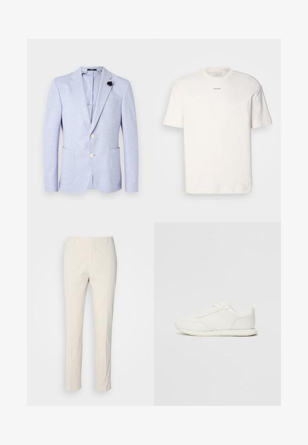 Gaiši lavandas žakete, kas izgatavota no teksturēta auduma. Tai ir divas priekšējās kabatas, iedobtas atloks un divi pogas. Iekļauta arī melna zieda akcenta detaļa.; Balta kokvilnas T-kreklu ar apaļu kaklu, īsām piedurknēm un izšūtu "Calvin Klein" logotipu krūšu centrā. Vienkāršs dizains.; Kremai krāsas piegrieztas bikses ar teksturētu audumu. Ar taisnu kāju dizainu, jostas cilpām un divām priekšējām kabatām. Bez rakstiem.; Baltie sporta apavi ar mežģīņu un sintētisko augšdaļu, apaļu purngalu, plakanu mežģīņu un teksturētu sānu joslu. Gumijas zole ar cilpu aizmugurē.