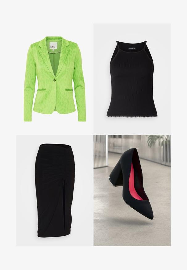 Roheline bleiser tekstureeritud leopardimustriga, millel on soonikkrae, kaks esist pocketit ja üks nööp sulgemiseks.; Must mustriba top musta servadega äärega. Omab peeneid rihmu ja istuvat disaini. Valmistatud venivast kangast.; Mustast, rikutud pliiatsiseelik sidumisdetailiga ja küljes lahtise lõhenemisega. Valmistatud venivast kangast, millel on sile tekstuur ja keha lähedane lõige.; Mustad must kõrged kontsad, terava ninaga, tekstuurse pinnaga ning erksa roosa sisemusega. Omab paksu kontsa koos hõbedase aktsendiga.