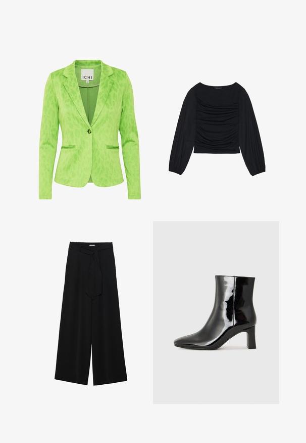 Zelený blázon s texturovaným vzorem leopardí kožešiny, s klopovým límcem, dvěma předními kapsami a zapínáním na jeden knoflík.; Černý top s dlouhým rukávem, který má na přední straně a zápěstích nařasený materiál. Je vyroben z měkkého, elastického materiálu a má lodní výstřih.; Černé kalhoty s širokými nohavicemi, vyrobené z texturované tkaniny, s elastickým pasem a odnímatelným páskem na úpravu velikosti.; Černé lakované kotníkové boty s špičatou špičkou a středně vysokým blokovým podpatkem. Hladká textura a minimalistický design.