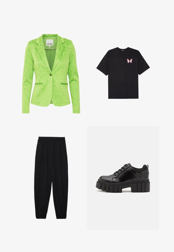 Žalias bleizeris su tekstūruotu leopardų raštu, turintis įpjautą apykaklę, dvi priekines kišenes ir vieno mygtuko užsegimą.; Juodas medvilnės marškinėliai trumpomis rankovėmis, su maža rožine drugelio grafika kairėje krūtinės pusėje. Apvalus kaklo iškirpimas, laisvas kirpimas.; Juodi, lengvi kelnių su elastinga juosmens juosta ir surinktais kulkšniais. Audinys yra lygus ir turi atsipalaidavusį, siaurėjantį dizainą.; Juodi odiniai platformos batai su masyviu blokuota kulniuku, apvalia nosimi ir tradiciniu šnypštimo dizainu. Turintys glotnų paviršių ir minimalų dekoravimą.