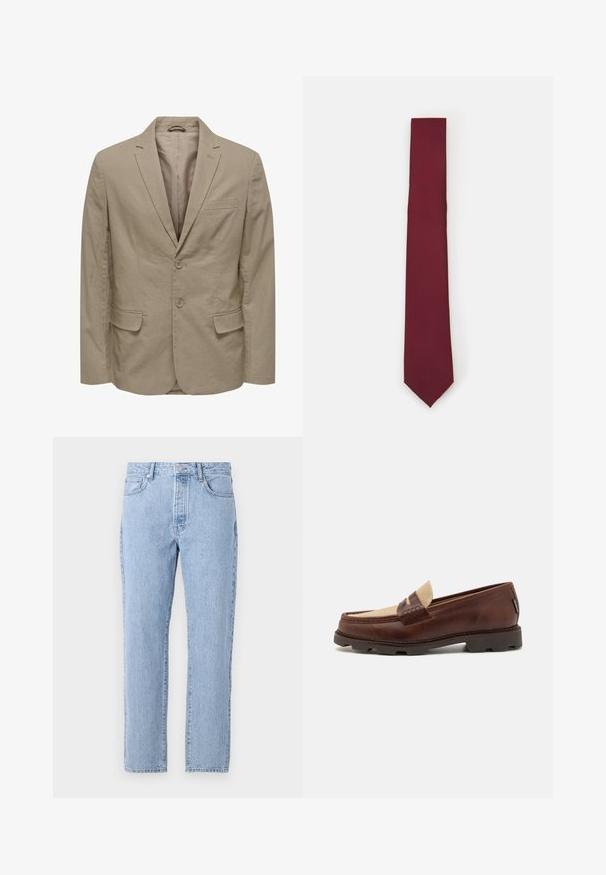 Bež blazer z odrezanim ovratnikom, dvema gumba, dvema sprednjima žepoma in enim žepom na prsih. Narejen je iz teksturiranega blaga z gladkim notranjim podlogom.; Bela srajca z dolgimi rokavi in gumbi, izdelana iz gladkega materiala. Ima klasičen ovratnik, sprednje gumbke in manšete z enim gumbom. Oblika je ozka.; Svetlo modri kavbojki s ravnim krojem, petimi žepi in gumbom za zapenjanje. Mehka tekstura z klasičnim bledim videzom.; Rjave usnjene loafers čevlje s taupe platnenim dodatkom, šivanim detajlom in teksturiranim gumijastim podplatom, zasnovani za udobje in vzdržljivost.; Burgundska svila kravata, ozka oblika z enotno teksturo. Ima koničast vrh, dosledno barvo in gladko površino.