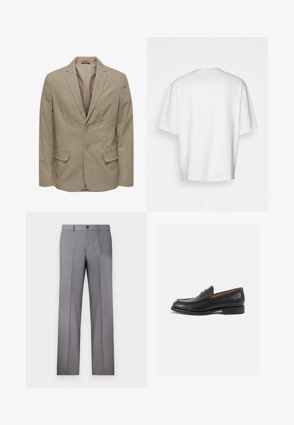 Beige blazer met een notch lapel, twee knopen, twee frontzakken en een enkele borstzak. Gemaakt van textuurstof met een gladde binnenvoering.; Witte t-shirt met korte mouwen, losse fit, ronde halslijn, gladde katoenen stof, ongeversierde achterkant, rechte zoom, geen patronen of accenten.; Grijze op maat gemaakte broek met een platte voorkant, twee zijzakken en een enkele knoopsluiting. Glad textuur met een subtiel streepjespatroon.; Zwarte leren loafers met een gladde afwerking, ronde neus en decoratieve stiksels op de wreef. Lage gestapelde hak en een lichte glans.