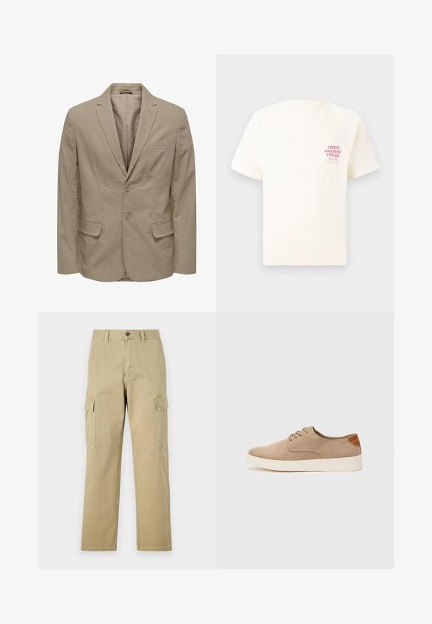 Beige Blazer mit Reverskragen, zwei Knöpfen, zwei Taschen vorne und einer Brusttasche. Hergestellt aus strukturiertem Stoff mit glattem Innenfutter.; Weißes T-Shirt mit kurzen Ärmeln und rotem Text "Studio Originals Edition" auf der linken Brust, präsentiert vor einem neutralen grauen Hintergrund.; Beige Cargo-Hosen aus Baumwolle, mit zwei Seitentaschen, einem Knopfverschluss und geraden Beinen aus einem leicht strukturierten Stoff.; Beige Wildleder-Sneaker mit runder Zehenpartie, Schnürung und strukturiertem Rückenteil. Die weiße Gummisohle sorgt für einen Kontrast. Einfaches und modernes Design.