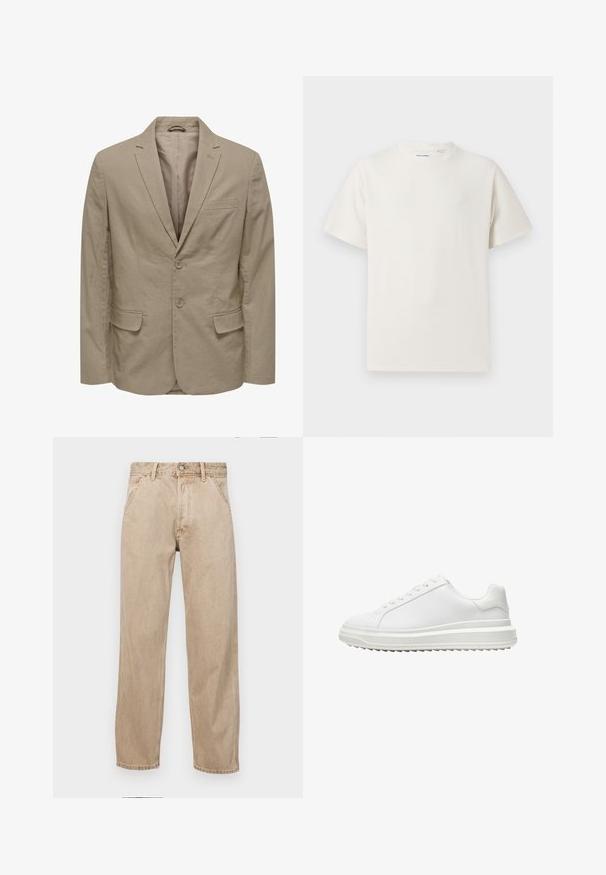 Blazer beige con revers a punta, due bottoni, due tasche frontali e una tasca sul petto. Realizzato in tessuto teksturizzato con una fodera interna liscia.; T-shirt bianca a maniche corte in texture a coste. Girocollo, vestibilità rilassata, senza modelli o accenti visibili. Design semplice e versatile.; Jeans in denim beige con un design a gamba dritta, dotati di tasche frontali, chiusura con bottone metallico e una texture delicata.; Sneaker bianco con una tomaia sintetica liscia, punta rotonda, lacci piatti, suola testurizzata e un design a piattaforma stratificata per un'altezza extra.