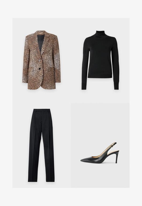 Blazer à motifs léopard en beige et noir, avec deux boutons, revers crantés et poches latérales, fabriqué dans un tissu lisse et brillant.; Pull à col roulé noir à manches longues avec des poignets et un ourlet côtelés, présenté sur un fond blanc uni.; Pantalon noir en tissu lisse avec taille haute, jambes larges, plis à l'avant et passants de ceinture classiques. Pas de poches latérales visibles.; Escarpins en cuir noir avec une pointe fine, une bride ajustable et un talon aiguille élégant, présentant une finition lisse.