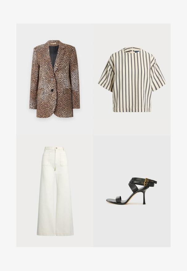 Taliowana marynarka w panterkę w beżowo-czarnym kolorze, z dwoma guzikami, klapami w kształcie notched i kieszeniami bocznymi, wykonana z gładkiego, błyszczącego materiału.; Krótki rękaw, paskowana bluzka w kolorze kremowym i granatowym, z okrągłym dekoltem i pudełkowym krojem, wykonana z fakturowanej tkaniny.; Spodnie dżinsowe o szerokich nogawkach w odcieniu off-white. Wysoki stan z zapięciem na guzik, dwiema kieszeniami z przodu i detalami z kontrastowym przeszyciem.; Czarne sandały na obcasie z krzyżującymi się paskami i regulowanym zapięciem. Charakteryzują się gładką teksturą i zwężanym obcasem w kształcie szpilki.