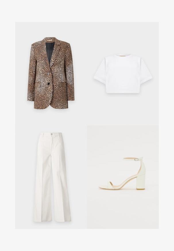Blazer leopard in beige e nero, con due bottoni, reverse a punta e tasche laterali, realizzato in un tessuto morbido e lucido.; T-shirt bianca cropped realizzata in tessuto morbido, con maniche corte, scollo rotondo e dettagli a costine sull'orlo. Design semplice e senza fronzoli.; Pantaloni bianchi a gamba larga realizzati in cotone con una texture liscia. Presentano un bottone anteriore, una zip e un design a quattro tasche.; Sandal con tacco cubano bianco in pelle, caratterizzata da una cinghia alla caviglia con fibbia e design minimalista. Punta aperta e texture liscia in tutto il sandalo.