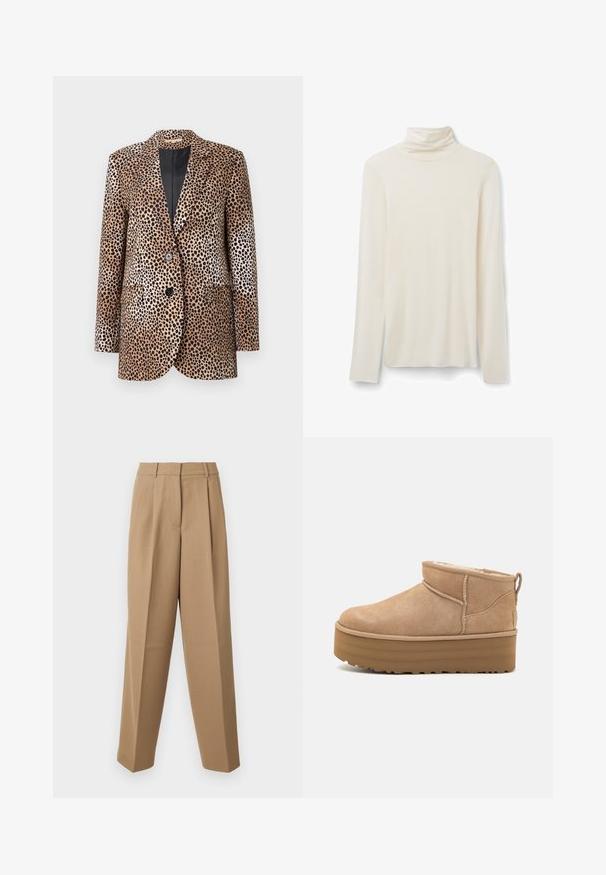 Beige- und schwarze Bluse mit Leopardenmuster, ausgestattet mit zwei Knöpfen, Reverskragen und Seitentaschen. Sie besteht aus einem glatten, glänzenden Stoff.; Cremfarbener Rollkragenpullover mit langen Ärmeln aus weichem Stoff, ausgestattet mit einem enganliegenden Kragen und einem schlichten Design, langen Ärmeln und geradem Saum.; Beige maßgeschneiderte Hose mit hoher Taille, gefaltetem Vorderteil und weitem Bein. Der Stoff wirkt glatt mit einem leichten Glanz.; Beige Wildleder-Ankle Boots mit einem weichen Innenfutter, ausgestattet mit einer Plateausohle und einer Zuglasche hinten für einen einfachen Einstieg. Strukturiertes Gummiprofil.