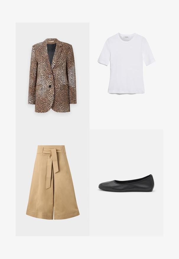 Leopard-print blazer in beige and black, featuring two buttons, notched lapels, and side pockets, made from a smooth, glossy fabric.; White short-sleeve t-shirt made of ribbed fabric. Round neckline, regular fit, and subtle stitching details. No patterns or graphics.; Khaki midi wrap skirt with a tie belt, made of lightweight cotton, featuring a flared silhouette and visible stitching details.; Black leather ballet flat with a rounded toe, smooth texture, minimal stitching detail, and a flexible sole design.