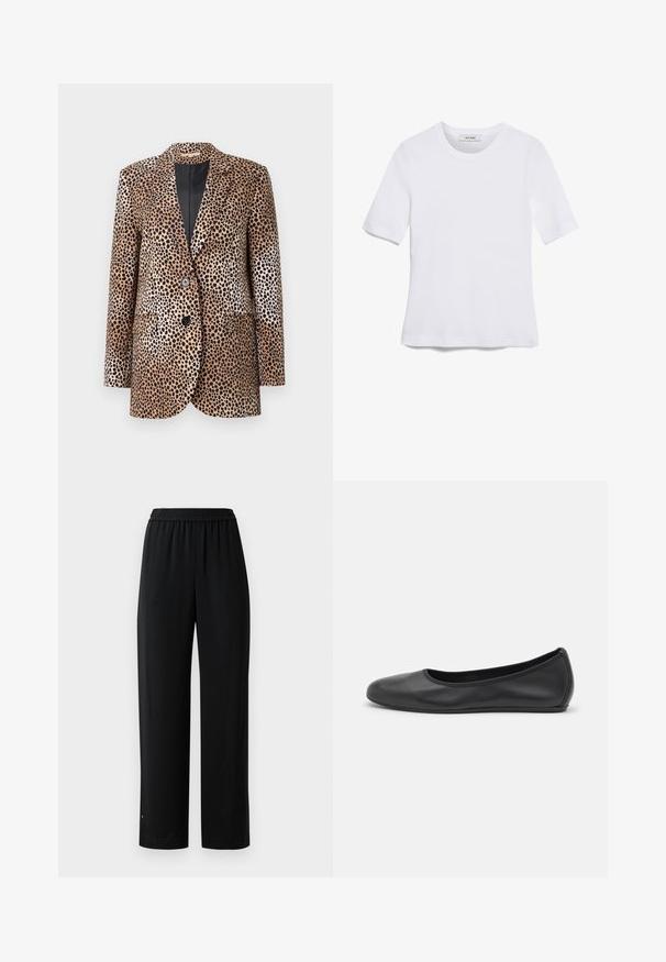 Beige ja musta leopardimustriga bleiser, millel on kaks nööpaukku, lõikega krae ja küljetaskud, valmistatud siledast, läikivast kangast.; Valkoinen lyhythihainen t-paita, joka on valmistettu ribbytedusta kankaasta. Pyöreä pääntiie, normaali istuvuus ja hienovaraiset ompeluyksityiskohdat. Ei kuvioita tai grafiikkaa.; Mustat leveälahkeiset housut, jotka on valmistettu sileästä kankaasta ja joissa on joustava vyötärö. Ominaisuuksina suora leikkaus ja minimaalinen viimeistely. Sopii arkivaatteeksi.; Musta nahkainen ballerina, jossa on pyöristetty kärki, sileä pinta, minimaalinen ommelkoristelu ja joustava pohjamuotoilu.