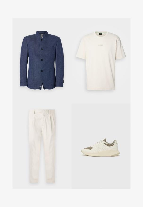 JOOP! HIRO - Bleizers - dark blue; BOSS TEE - Pamata T-krekls - open white; Baltas, pleitēts bikses ar piegriezumu, kas pielāgots figūrai, ar gludu tekstūru, jostas cilpām un sašaurinātiem galiem. Nav redzamu kabatu vai rakstu.; Baltas un gaiši bež sporta apavi, ar sieta augšdaļu, perforētiem detaļām un teksturētu vidusdaļu ar zīmolu uz papēža.