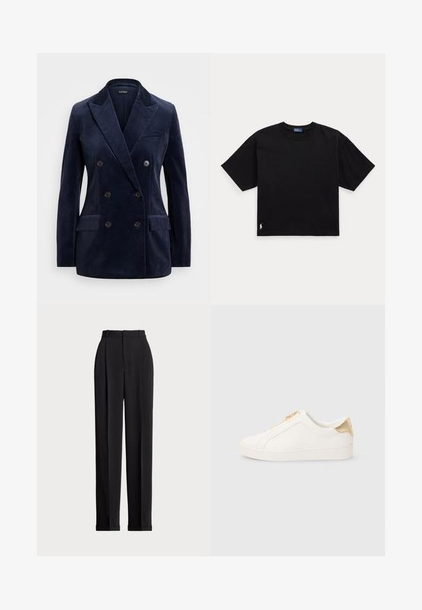 Blazer azul marinho de corduroy, de dupla abotoadura, com lapelas recortadas, dois bolsos frontais, quatro botões e um design elegante e estruturado.; Camiseta preta de algodão com mangas curtas, decote redondo e um pequeno logótipo branco na parte inferior esquerda. Ajuste clássico e descontraído, com detalhes mínimos.; Calças pretas ajustadas com uma cintura alta, apresentando pregas na frente, um design de perna reta e bainha com punho. Feitas de tecido suave.; Tênis brancos tipo slip-on feitos em couro liso, com um fecho dourado e um detalhe próximo ao calcanhar com acabamento texturizado e logótipo gravado na lateral.