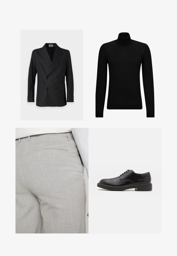Dubbelgeknoopte zwarte blazer van fijne stof, met geschoeide revers, twee voorkruiszakken en knoopmanchetten. Strak, op maat gemaakt ontwerp.; Zwarte coltrui van zacht materiaal, met lange mouwen en een snug fit. Geribbelde afwerking aan de onderkant en mouwen. Eenvoudig ontwerp.; Lichtgrijze, op maat gemaakte broek van gestructureerde stof, met een enkele achterzak en nette stiksels.; Zwarte leren veterschoen met een ronde neus, een gladde textuur, minimale stiksels en een lage rubberen hak. Logo op de hak.